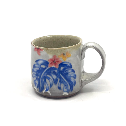 Handmade Mug - Blue Monstera and flowers